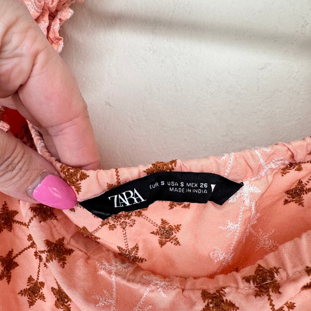 Zara Voluminous Puff Sleeve Floral Embroidered Peach Salmon Pink Crop Top Small - Picture 10 of 13